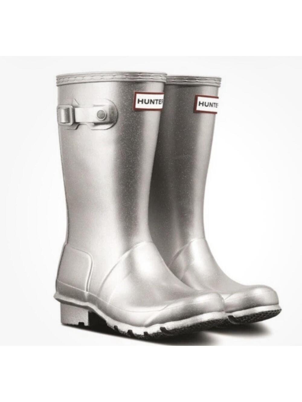 HUNTER Kids Cosmic Girl's Original Waterproof Silver Metallic Rain Boots Size 6